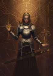 Rule 34 | 1girl, armor, blindfold, breastplate, brown hair, brown skirt, closed eyes, closed mouth, coin, drawn crown, facing viewer, gold coin, gwent (game), hair slicked back, hand up, highres, logo, long skirt, non-web source, pauldrons, scabbard, sheath, sheathed, shoulder armor, skirt, solo, standing, sword, tears, the witcher (series), weapon, weighing scale