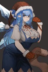 Rule 34 | 1girl, blue bow, blue dress, blue eyes, blue hair, bow, breasts, cirno, cirno-nee, colored eyelashes, dress, fairy, fairy wings, glasses, gloves, hair bow, hat, highres, holding, ice, ice wings, large breasts, long hair, looking at viewer, pointy ears, red gloves, red hat, red ribbon, ribbon, santa hat, simple background, solo, tomatolover16, touhou, wings