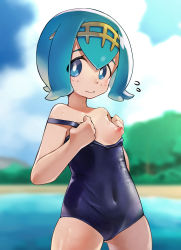 Rule 34 | 1girl, absurdres, blue eyes, blue hair, breasts, bright pupils, closed mouth, clothes pull, cloud, commentary request, covered navel, cowboy shot, creatures (company), day, flying sweatdrops, freckles, game freak, highres, lana (pokemon), looking at viewer, metaruuni (0000u7), nintendo, nipples, one-piece swimsuit, one-piece swimsuit pull, outdoors, pokemon, pokemon sm, pulled by self, school swimsuit, shiny skin, short hair, sky, solo, strap slip, swimsuit, water, white pupils