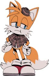 Rule 34 | 1boy, :t, animal ears, animal nose, blue eyes, body fur, brown capelet, brown hat, capelet, child, closed mouth, digimin, fedora, fox boy, fox ears, fox tail, full body, furry, furry male, gloves, half-closed eyes, hands on own hips, hat, looking to the side, male focus, mini hat, multiple tails, non-web source, official art, plaid capelet, red footwear, shoes, simple background, socks, solo, sonic (series), standing, tail, tails (sonic), the murder of sonic the hedgehog, transparent background, two-tone fur, two tails, white fur, white gloves, white socks, yellow fur