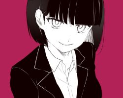 Rule 34 | 1girl, blunt bangs, chisumi, closed mouth, collared shirt, commentary request, greyscale, greyscale with colored background, jacket, looking at viewer, monochrome, original, parted lips, purple background, red background, shirt, simple background, smile, solo, upper body, wing collar