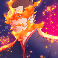 Rule 34 | 1boy, aged down, alternate hair color, boku no hero academia, brown hair, embers, endeavor (boku no hero academia), expressionless, facial hair, fiery beard, fiery hair, flaming eyes, gradient background, isomine, looking at viewer, male focus, mature male, mustache, mustache stubble, portrait, serious, short hair, sideburns stubble, solo, stubble, thick eyebrows