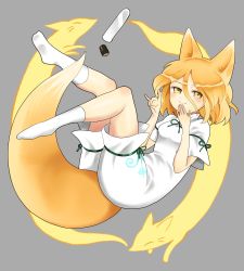 Rule 34 | animal ears, blonde hair, blush, breasts, closed mouth, commentary request, corked bottle, finger touching, fox, fox ears, fox girl, fox shadow puppet, fox tail, full body, green ribbon, grey background, highres, kudamaki tsukasa, mandarin collar, olf factory, ribbon, romper, short hair, simple background, small breasts, smile, socks, tail, test tube, touhou, white romper, white socks