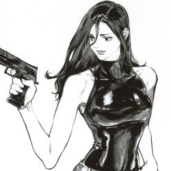 Rule 34 | 1girl, bare shoulders, breasts, commentary, finger on trigger, greyscale, gun, handgun, holding, holding gun, holding weapon, long hair, looking to the side, miss jisu, monochrome, original, simple background, sleeveless, solo, turtleneck, weapon
