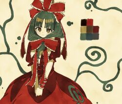 Rule 34 | 1girl, @ @, blush, bow, closed mouth, color guide, commentary, cowboy shot, dress, frilled bow, frilled ribbon, frills, front ponytail, green eyes, green hair, hair bow, hair ribbon, highres, kagiyama hina, long hair, looking at viewer, nama udon, own hands together, red bow, red dress, ribbon, simple background, smile, solo, touhou, v arms