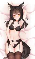 Rule 34 | 1girl, :o, absurdres, animal ear fluff, animal ears, arm behind head, artist name, bed sheet, black bra, black thighhighs, blush, bra, breasts, cleavage, commentary, commission, cowboy shot, english commentary, garter straps, groin, highres, looking at viewer, lying, medium breasts, on back, original, rinkosannn, tail, thighhighs, thighs, underwear, underwear only, wolf ears, wolf girl, wolf tail, yellow eyes