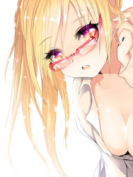 Rule 34 | 1girl, adjusting hair, bespectacled, blonde hair, breasts, cleavage, dress shirt, glasses, long hair, looking at viewer, mosho, naked shirt, open mouth, pangya, red eyes, shirt, solo, spika (pangya)