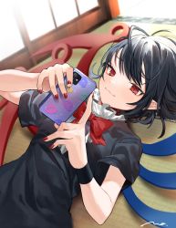 Rule 34 | 1girl, :3, asymmetrical wings, black dress, black hair, blurry, bow, bowtie, breasts, cellphone, closed mouth, depth of field, dress, dutch angle, frills, half-closed eyes, highres, holding, holding phone, houjuu nue, indoors, light smile, long hair, lying, makita (vector1525), nail polish, on back, phone, red bow, red bowtie, red eyes, red nails, short sleeves, small breasts, smartphone, solo, swept bangs, tatami, touhou, upper body, wings, wrist cuffs