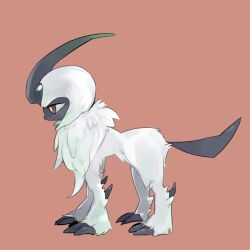 Rule 34 | absol, animal focus, bright pupils, closed mouth, creatures (company), from side, full body, game freak, gen 3 pokemon, half-closed eyes, natsumekan, neck fur, nintendo, no humans, pokemon, pokemon (creature), profile, red background, red eyes, short hair, simple background, solo, standing, white hair, white pupils