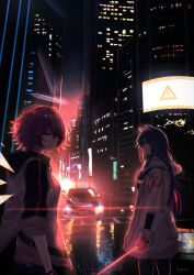 Rule 34 | 2girls, absurdres, animal ears, arknights, building, car, city, closed mouth, exusiai (arknights), gloves, grey hair, halo, highres, holding, holding sword, holding weapon, jacket, long hair, long sleeves, looking at viewer, motor vehicle, multiple girls, night, outdoors, red hair, reyarths, skyscraper, sleeves rolled up, smile, standing, sword, texas (arknights), weapon, wolf ears