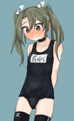 Rule 34 | 1girl, :|, arms behind back, bad id, bad twitter id, black choker, black thighhighs, blue background, blush, choker, closed mouth, embarrassed, female focus, full-face blush, green hair, highres, kantai collection, looking down, matangom, name tag, one-piece swimsuit, simple background, solo, swimsuit, thighhighs, twintails, zuikaku (kancolle)