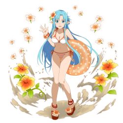 Rule 34 | 1girl, :d, anklet, asuna (sao), asuna (sao-alo), bikini, bikini bottom only, blue eyes, blue hair, breasts, cleavage, collarbone, feet, floating hair, flower, full body, hair flower, hair ornament, hand on own hip, hibiscus, highres, innertube, jewelry, legs, long hair, looking at viewer, medium breasts, navel, official art, open mouth, orange flower, pointy ears, polka dot, side-tie bikini bottom, sideboob, smile, solo, standing, striped bikini, striped bikini bottom, striped clothes, swim ring, swimsuit, sword art online, thigh gap, toes, transparent background, very long hair, wrist cuffs