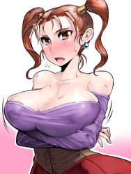Rule 34 | 1girl, blush, breasts, cleavage, corset, dragon quest, dragon quest viii, dress, earrings, highres, jessica albert, jewelry, large breasts, long hair, misonou hirokichi, open mouth, purple shirt, red hair, shirt, solo, square enix, twintails
