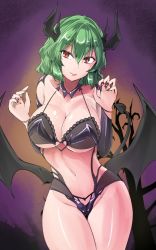 Rule 34 | 1girl, bare shoulders, black bra, black panties, bra, breasts, claw pose, commentary request, cowboy shot, demon horns, demon tail, demon wings, fingernails, green hair, groin, hair between eyes, hands up, head tilt, heart, highres, horns, kazami yuuka, lace, lace-trimmed bra, lace trim, large breasts, looking at viewer, low wings, nail polish, navel, one-hour drawing challenge, panties, purple background, red eyes, red nails, sharp fingernails, short hair, smile, solo, standing, stomach, tail, thighs, touhou, underwear, underwear only, wings, y2