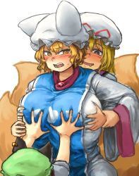 Rule 34 | 3girls, animal ears, animal hat, behind another, blonde hair, blush, grabbing another&#039;s breast, breasts, cat ears, chanta (ayatakaoisii), chen, dress, drooling, earrings, fang, fox tail, grabbing, green eyes, groping, hair between eyes, hat, hat ribbon, height difference, highres, holding another&#039;s wrist, huge breasts, jewelry, mob cap, multiple girls, multiple tails, nose blush, purple eyes, ribbon, short sleeves, tabard, tail, teeth, tongue, touhou, trapped, white background, white dress, yakumo ran, yakumo yukari, yellow eyes, yuri