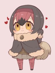 Rule 34 | 1girl, bird tail, black hair, blush, boots, brown footwear, brown jacket, brown skirt, brown sweater, buttons, closed mouth, dodo (kemono friends), empty eyes, feathers, fur collar, fur trim, hair between eyes, hair ornament, hairband, heart, highres, hood, hood down, jacket, kemono friends, notora, pantyhose, pink footwear, pink hair, pink hairband, pink pantyhose, poncho, skirt, smile, solo, standing, sweater, tail, yellow eyes