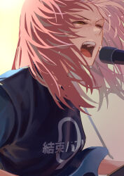Rule 34 | 1girl, absurdres, black shirt, bocchi the rock!, eyelashes, fang, green eyes, guitar, hair spread out, half-closed eyes, highres, holding, holding instrument, instrument, kita ikuyo, long hair, microphone, music, nose, open mouth, oshiri seijin, playing instrument, red hair, shirt, simple background, singing, solo, sweat, teeth, upper body, upper teeth only, v-shaped eyebrows, yellow background