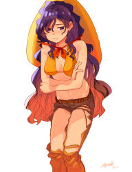 Rule 34 | 1girl, absurdres, belt, bikini, bow, breasts, brown belt, closed mouth, covering stomach, crossed arms, dated, embarrassed, gradient hair, grey pants, hat on back, highres, legs together, long hair, medium breasts, multicolored hair, navel, open pants, orange hair, original, pants, purple eyes, purple hair, red bow, ryusei hashida, signature, simple background, solo, standing, swimsuit, white background, yellow bikini