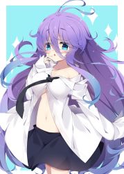 Rule 34 | 1girl, :&lt;, absurdres, antenna hair, bare shoulders, black necktie, black skirt, blue background, blue eyes, blue hair, blush, breasts, cleavage, collared shirt, commentary request, dress shirt, fuyou-chan, gradient hair, hair between eyes, highres, long hair, medium breasts, milkpanda, multicolored hair, navel, necktie, off shoulder, original, parted lips, purple hair, shirt, skirt, solo, sparkle, standing, triangle mouth, two-tone background, very long hair, white background, white shirt