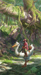 Rule 34 | 1boy, absurdres, animal, bag, bird, commentary, dagger, duck, fantasy, gloves, hat, hat feather, highres, holding, holding reins, knife, kosian, male focus, original, overgrown, oversized animal, pants, poncho, pouch, puddle, reins, riding, roots, ruins, scenery, signature, solo, tree, weapon