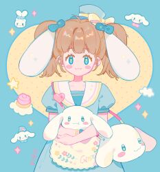 Rule 34 | 1girl, :3, animal ears, apron, back cutout, bead bracelet, beads, blue background, blue bow, blue dress, blue eyes, blue hat, blue sleeves, blush stickers, bow, bracelet, brown bag, brown hair, character bag, chinese commentary, cinnamoroll, cinnamoroll (cosplay), closed mouth, clothing cutout, cloud, collared dress, colored eyelashes, commentary request, cookie, cosplay, cowboy shot, creature, crossed arms, dog ears, dress, floppy ears, floral print, food, hair bow, hat, hat bow, head only, highres, holding, holding creature, jewelry, lace-trimmed apron, lace trim, long hair, looking at viewer, mini hat, mini top hat, original, polka dot, polka dot background, puffy short sleeves, puffy sleeves, sailor collar, sanrio, short sleeves, smile, solo, sparkle, star (symbol), straight-on, top hat, twintails, twitter username, two-tone background, waist apron, watch, white apron, white sailor collar, wristwatch, yellow background, yellow bow, yellow pupils, yeshisi