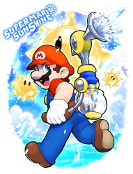 Rule 34 | 1boy, belt, blue eyes, blue overalls, brown footwear, copyright name, f.l.u.d.d., facial hair, full body, gloves, happy, hat, highres, hoshi (star-name2000), mario, mario (series), mustache, nintendo, overalls, red headwear, shine sprite, sky, smile, spraying, super mario sunshine, water