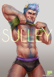 Rule 34 | 1boy, abs, bara, bare pectorals, beard, black male underwear, blue hair, bulge, cowboy shot, demon boy, demon horns, facial hair, full beard, gluteal fold, gradient hair, hairy, horns, james p. sullivan, lifted by self, lips, looking at viewer, male focus, male underwear, mature male, monster boy, monsters inc., multicolored hair, muscular, muscular male, navel, navel hair, nipples, no pants, pectorals, personification, redgart, seductive smile, short hair, smile, solo, standing, stomach, thick arm hair, thick beard, thick chest hair, thick eyebrows, thick leg hair, thick navel hair, two-tone body hair, underwear, very hairy