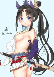Rule 34 | 1girl, absurdres, armor, ass, asymmetrical sleeves, black hair, black hat, blue background, blue panties, breasts, detached sleeves, fate/grand order, fate (series), feather hair ornament, feathers, gouka, hair ornament, hat, highres, holding, holding sword, holding weapon, japanese armor, katana, kusazuri, looking at viewer, mismatched sleeves, panties, pom pom (clothes), revealing clothes, sideboob, simple background, solo, sword, underwear, ushiwakamaru (fate), weapon