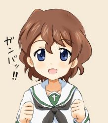 10s 1girl akaboshi_koume black_neckerchief blouse blue_eyes brown_hair girls_und_panzer long_sleeves ma-2_(konkon_kitakitsune) neckerchief ooarai_school_uniform school_uniform serafuku shirt short_hair simple_background wavy_hair white_shirt