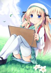 Rule 34 | 1girl, :o, backpack, bag, blonde hair, blue eyes, blush, borrowed character, day, flower, grass, hat, long hair, looking at viewer, mary janes, mokoke, original, outdoors, panties, pantyshot, parted lips, pencil, randoseru, school uniform, shadow, shimotsuki potofu, shoes, sitting, skirt, solo, thighhighs, twintails, two side up, underwear, upskirt, white panties, white thighhighs