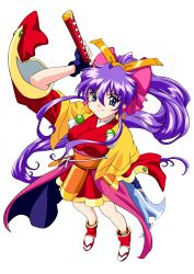 Rule 34 | 1girl, absurdres, blue eyes, bow, dancing blade, female focus, fingerless gloves, from above, full body, gloves, hair ribbon, highres, japanese clothes, kimono, long hair, momohime (dancing blade), ponytail, purple hair, ribbon, shoes, skirt, smile, solo, sword, transparent background, vector trace, weapon