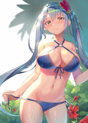 Rule 34 | 1girl, alexmaster, bikini, blue bikini, breasts, brown eyes, cleavage, closed eyes, collarbone, cowboy shot, criss-cross halter, flower, front-tie top, frown, groin, hair flower, hair ornament, halterneck, hand up, holding, large breasts, long hair, looking at viewer, navel, o-ring, o-ring bikini, original, red flower, side-tie bikini bottom, sidelocks, silver hair, solo, standing, stomach, swimsuit, thighs, twintails, untied bikini, very long hair, wet, wet clothes, wet swimsuit