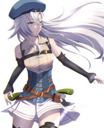 Rule 34 | 1girl, absurdres, beret, breasts, clothes lift, detached sleeves, eiyuu densetsu, fie claussell, floating hair, green eyes, gunblade, hair between eyes, hat, highres, kuro no kiseki, long hair, simple background, skirt, skirt lift, small breasts, solo, weapon, white background, white hair, witch f