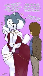 Rule 34 | 1boy, 1girl, animal ears, ass, blush, breasts, brown hair, cat ears, cat tail, clothes, english text, fakeryway, frisk (undertale), full nelson, furry, furry female, furry with non-furry, grey hair, highres, huge ass, huge breasts, interspecies, long hair, medium hair, open mouth, purple background, simple background, tail, temmie, undertale
