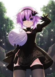 Rule 34 | 1girl, artist name, binato lulu, black thighhighs, blindfold, blush, cleavage cutout, clothing cutout, cosplay, crossover, dress, emil (nier), forest, gloves, hairband, holding, looking at viewer, nature, neptune (neptunia), neptune (series), nier (series), nier:automata, one eye closed, puffy sleeves, purple eyes, purple hair, signature, smile, solo, thighhighs, 2b (nier:automata)