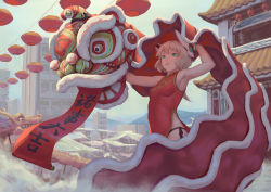 Rule 34 | 1girl, antica (bigrbear), bare shoulders, bigrbear, blonde hair, china, china dress, chinese clothes, chinese new year, day, dragon dance, dress, green eyes, headgear, highres, lion dance, looking at viewer, medium hair, original, outdoors, panties, parted lips, short dress, side slit, sleeveless, smile, solo, market stall, teeth, town, translation request, underwear, wavy hair
