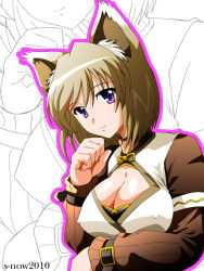 Rule 34 | 00s, 1girl, animal ears, artist name, breasts, brown hair, cat ears, cat girl, cleavage, cleavage cutout, clothing cutout, dated, covered erect nipples, female focus, large breasts, rynith, lyrical nanoha, mahou shoujo lyrical nanoha, purple eyes, s-now, short hair, smile, solo, zoom layer