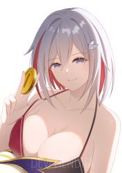 Rule 34 | 1girl, absurdres, bare shoulders, bikini, black bikini, blue eyes, breasts, cleavage, coin, collarbone, commentary request, devihendita, grey hair, highres, holding, holding coin, honkai: star rail, honkai (series), large breasts, looking at viewer, mario (series), nintendo, numby (honkai: star rail), red bikini, short hair, simple background, smile, solo, swimsuit, topaz (honkai: star rail), trotter (honkai: star rail), two-tone bikini, upper body, white background