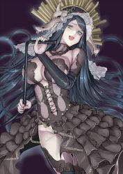Rule 34 | 1girl, :d, animal skull, aqua eyes, black dress, black hair, black thighhighs, breasts, chain, character request, cleavage, cowboy shot, cross-laced clothes, detached collar, detached sleeves, dress, female focus, frilled dress, frills, ginko (nico), groin, hat, hexagon, holding, holding whip, honeycomb pattern, large breasts, long dress, long hair, looking down, lord of vermilion, lord of vermilion iii, mask, mask on head, open mouth, pink lips, red ribbon, ribbon, see-through, shaded face, sketch, smile, solo, swept bangs, thigh gap, thighhighs, veil, very long hair, whip