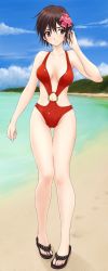 Rule 34 | 1girl, :&lt;, arm up, beach, blush, brown eyes, brown hair, cloud, day, flower, frown, full body, hair flower, hair ornament, hand in own hair, hibiscus, highres, legs, looking to the side, o-ring, o-ring swimsuit, ocean, one-piece swimsuit, original, outdoors, red one-piece swimsuit, sandals, short hair, sky, solo, swimsuit, thigh gap, water