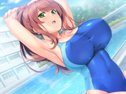 Rule 34 | 1girl, :o, arched back, armpits, arms behind head, blue sky, blue one-piece swimsuit, blush, breasts, brown hair, building, cleavage, cloud, collarbone, competition swimsuit, covered erect nipples, covered navel, day, dutch angle, earrings, eyebrows, fingernails, flower earrings, forest, game cg, green eyes, house, inosaki mako, jewelry, large breasts, long hair, looking at viewer, mochizuki nozomu, nature, ole-m, one-piece swimsuit, open mouth, outdoors, plant, ponytail, pool, round teeth, saimin class wonderful, side ponytail, sitting, skin tight, sky, solo, swimsuit, tareme, teeth, tree, water