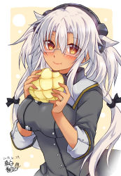 Rule 34 | 1girl, :t, blush, bread, breasts, brown eyes, chewing, closed mouth, commentary request, dark-skinned female, dark skin, dated, food, food request, glasses, grey nails, hair between eyes, hands up, highres, holding, kantai collection, large breasts, long hair, long sleeves, looking at viewer, mashiro yukiya, melon bread, musashi (kancolle), musashi kai ni (kancolle), nail polish, oversized food, oversized object, semi-rimless eyewear, signature, smile, solo, under-rim eyewear, upper body, white hair