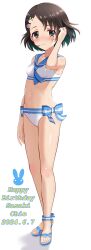 Rule 34 | 1girl, absurdres, armpits, bare arms, bare legs, black hair, blush, breasts, character name, collarbone, commentary request, dated, full body, happy birthday, highres, idolmaster, idolmaster cinderella girls, kirinp u149, navel, sailor bikini, sailor collar, sailor swimsuit (idolmaster), sandals, sasaki chie, short hair, small breasts, smile, solo, stomach, toenails