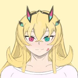 Rule 34 | 1girl, barghest (fate), black hairband, blonde hair, blush, crossed bangs, fate/grand order, fate (series), forked eyebrows, green eyes, hairband, heart, heterochromia, highres, horns, krilla, pink shirt, red eyes, shirt, sticker on face, yellow background