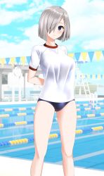 Rule 34 | 1girl, absurdres, alternate costume, arms behind back, blue eyes, blue one-piece swimsuit, blue sky, breasts, cloud, commentary request, competition school swimsuit, day, feet out of frame, grey hair, gym shirt, hair ornament, hair over one eye, hairclip, hamakaze (kancolle), highres, kantai collection, lane line, large breasts, looking at viewer, one-piece swimsuit, outdoors, parted lips, pool, school swimsuit, shirt, short hair, sky, solo, string of flags, swimsuit, swimsuit under clothes, t-shirt, takafumi, white shirt