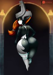 Rule 34 | 1girl, ass, back, closed mouth, colored sclera, fang, floating, from behind, hand on own hip, helmet, highres, huge ass, indoors, l-a-v, long hair, looking back, midna, monster girl, nintendo, nude, orange hair, patreon logo, patreon username, pointy ears, red eyes, smile, solo, the legend of zelda, the legend of zelda: twilight princess, thick thighs, thighs, yellow sclera
