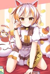 Rule 34 | 1girl, :3, absurdres, animal ears, arm support, blouse, cat ears, closed mouth, goutokuji mike, hand up, highres, kneeling, looking at viewer, midriff peek, multicolored hair, shirt, solo, streaked hair, tilt gyx, touhou, white shirt