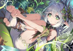 1girl :o ass barefoot between_toes bloomers bracelet commentary cross-shaped_pupils dress feet fingers_between_toes full_body genshin_impact gradient_hair green_eyes green_hair grey_hair hair_between_eyes hair_ornament highres jewelry knees_up leaf_hair_ornament long_hair looking_at_viewer multicolored_hair nahida_(genshin_impact) pointy_ears side_ponytail sitting soles solo sunnillust symbol-shaped_pupils toeless_footwear toes underwear very_long_hair white_bloomers white_dress