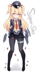 Rule 34 | 1girl, ballistic shield, belt, belt over clothes, black panties, black pantyhose, black ribbon, blazer, blonde hair, blue eyes, blue hat, blue jacket, blue skirt, character name, clothes lift, collared shirt, commentary, dev (dev0614), full body, girls&#039; frontline, gluteal fold, hair between eyes, hair ribbon, hands up, hat, hexagon, hidden signature, highres, jacket, legs apart, long hair, looking at viewer, lowleg, lowleg panties, making-of available, motion blur, necktie, no shoes, panties, panties under pantyhose, pantyhose, parted lips, pleated skirt, police hat, red necktie, ribbon, shell casing, shield, shield module, shirt, shotgun shell, signature, skirt, skirt lift, solo, standing, super-shorty (girls&#039; frontline), sweater, sweater vest, thigh strap, thighband pantyhose, tsurime, two side up, underwear, white shirt, yellow sweater