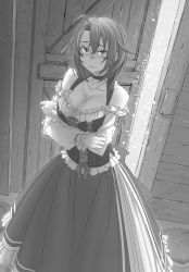 Rule 34 | 10s, 1girl, breasts, cleavage, cold, corset, cow girl (goblin slayer!), dress, goblin slayer!, highres, large breasts, monochrome, shoulderless dress, skirt, snow, tagme